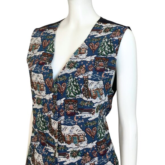 Vintage 90s Christmas Village Embroidered Cottagecore Retro Vest Large Kitschy - Picture 8 of 12
